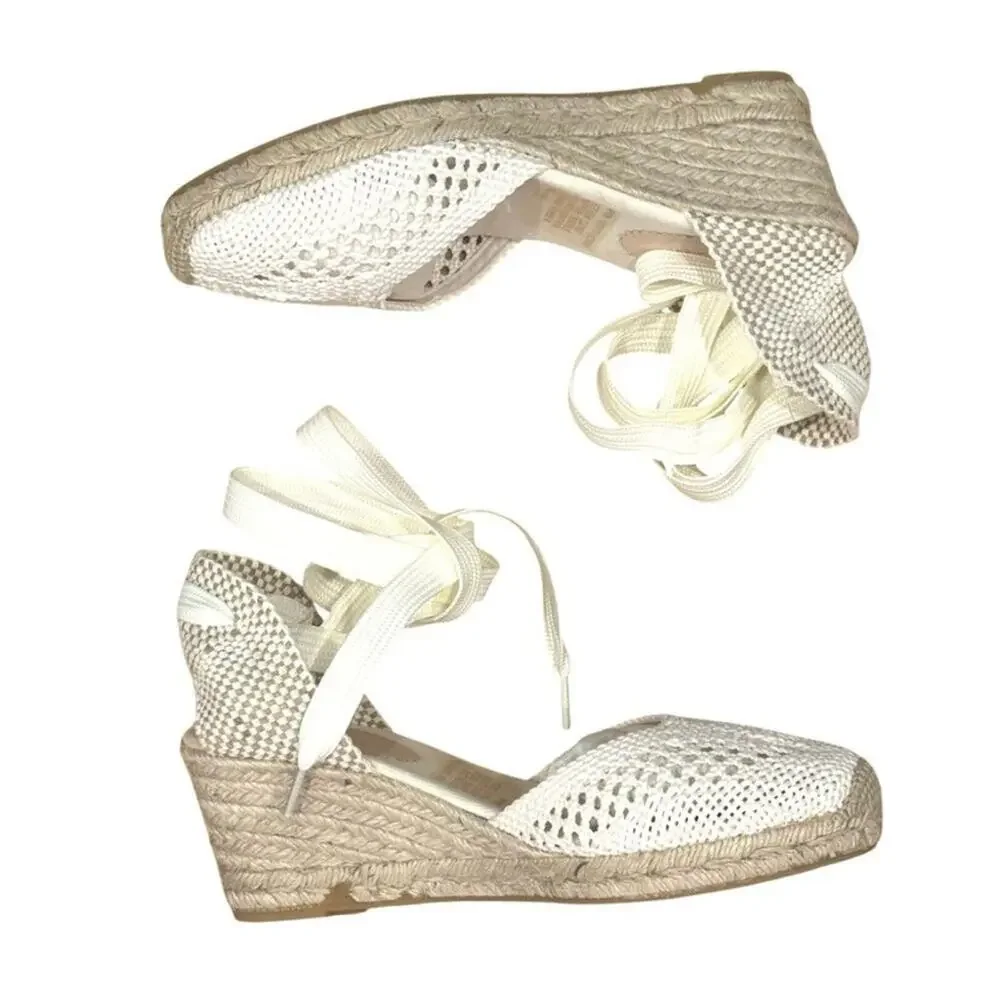 NEW J.Crew Made-in-Spain Lace-up Espadrilles Crochet Cream Wedges SZ 9 PERFECT
